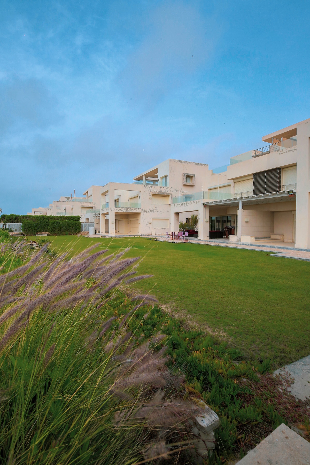 A row of contemporary-style villas is set against a cloudy blue sky. Lush green grass covers the ground, with tall ornamental grasses swaying gently in the breeze. Each villa features a balcony and expansive windows, providing a spacious atmosphere and outdoor seating area.