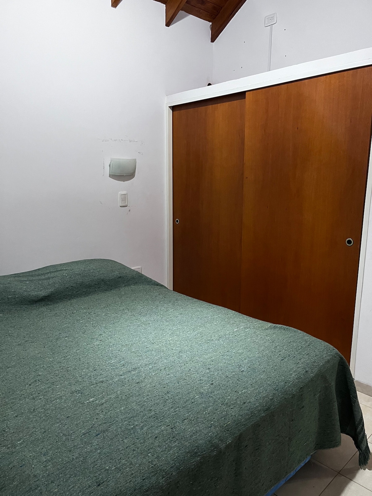 A spacious sleeping area is highlighted by a neatly made bed covered with a green blanket. Wooden closet doors, adorned with minimal hardware, provide storage space. Soft light is visible on the bed's surface, creating a calm and inviting setting.