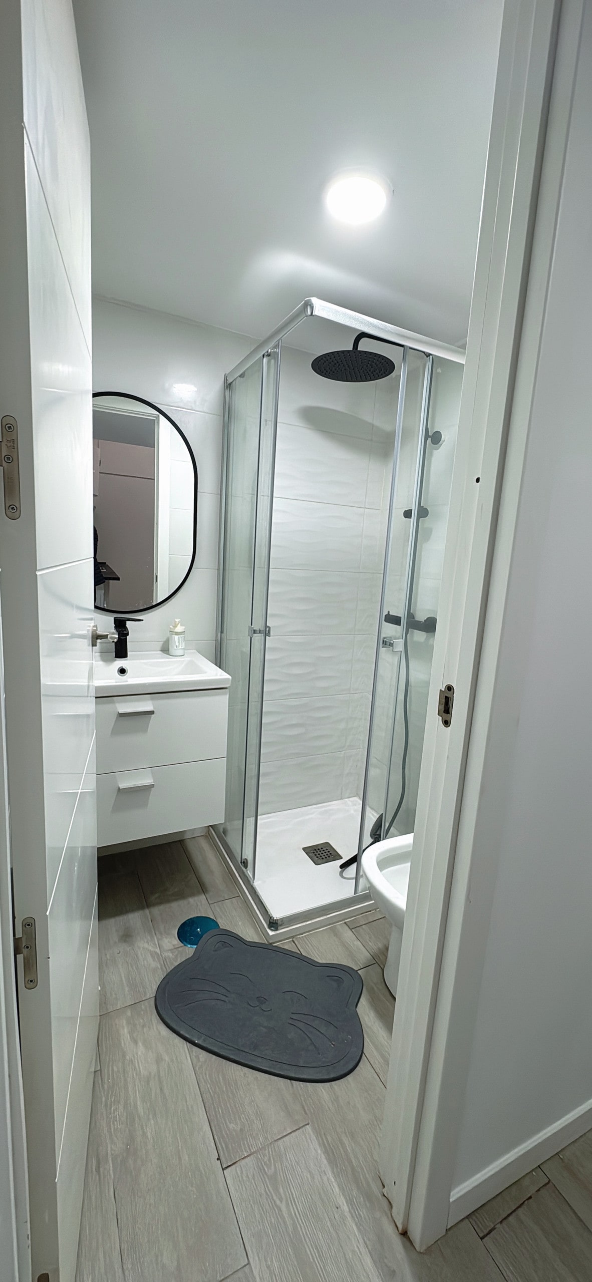 A modern bathroom is shown, featuring a walk-in shower with a rainfall showerhead. A sleek white vanity with a round mirror is present. A gray mat lies on the floor, and light illuminates the space from above, enhancing the clean lines and neutral colors.
