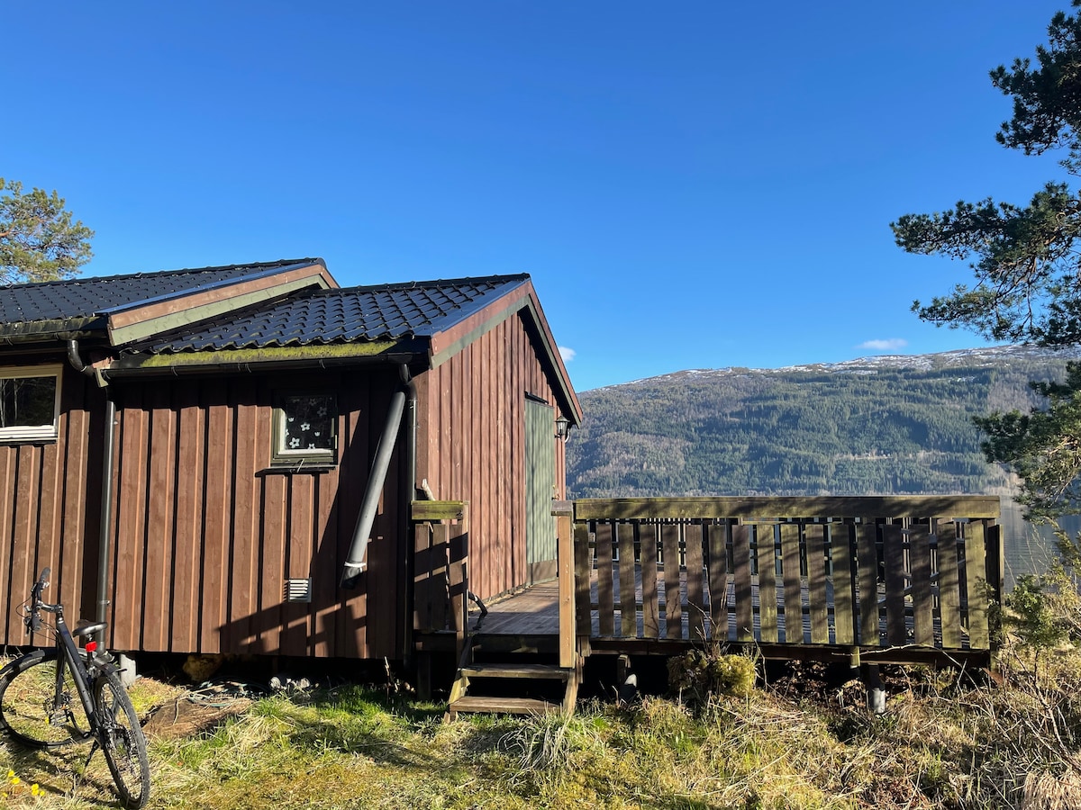 A wooden cabin exterior is showcased, featuring a sloping roof and a deck that extends outward. Lush greenery surrounds the base of the cabin, while a bicycle leans against the wall. The background reveals rolling hills under a clear blue sky.