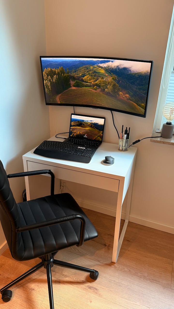 Компјутерот не е вклучен во сместувањето, треба да понесете свој. 
На екранот е прикачен USB-C кабел.