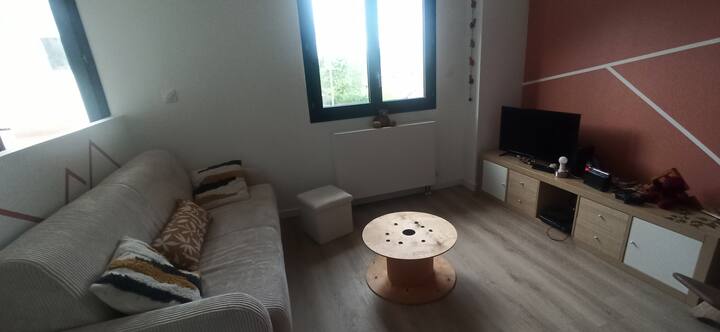 Televizor gjysmë i hapur në katin e sipërm me divan krevat