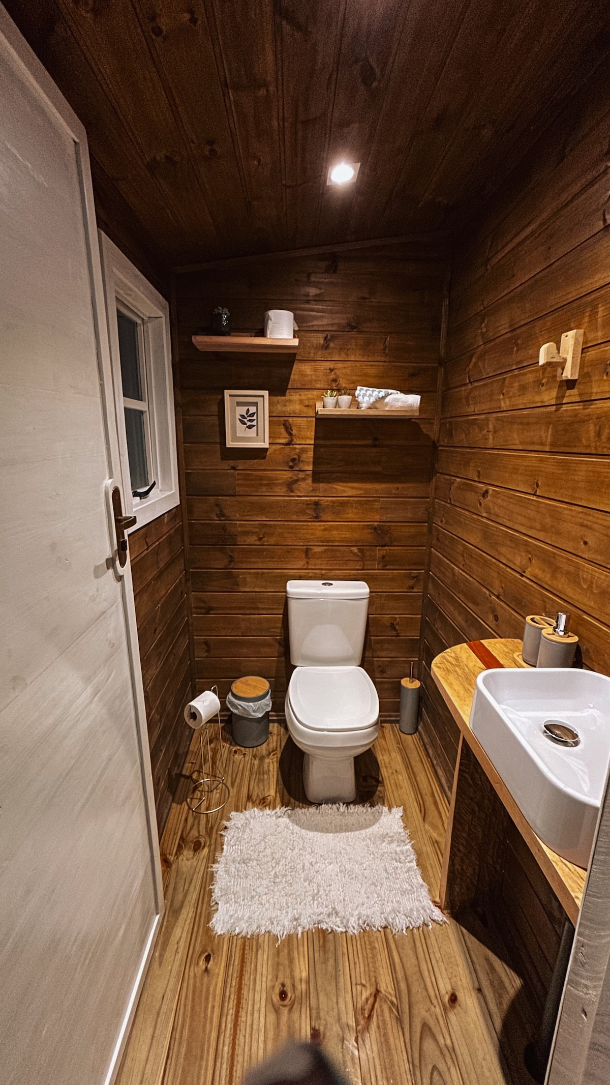 A compact bathroom features warm wooden walls and a wooden floor. A white toilet is positioned next to the sink, which is accompanied by a small shelf displaying decorative items. Soft lighting from above creates a cozy ambiance, complemented by a fluffy white rug.