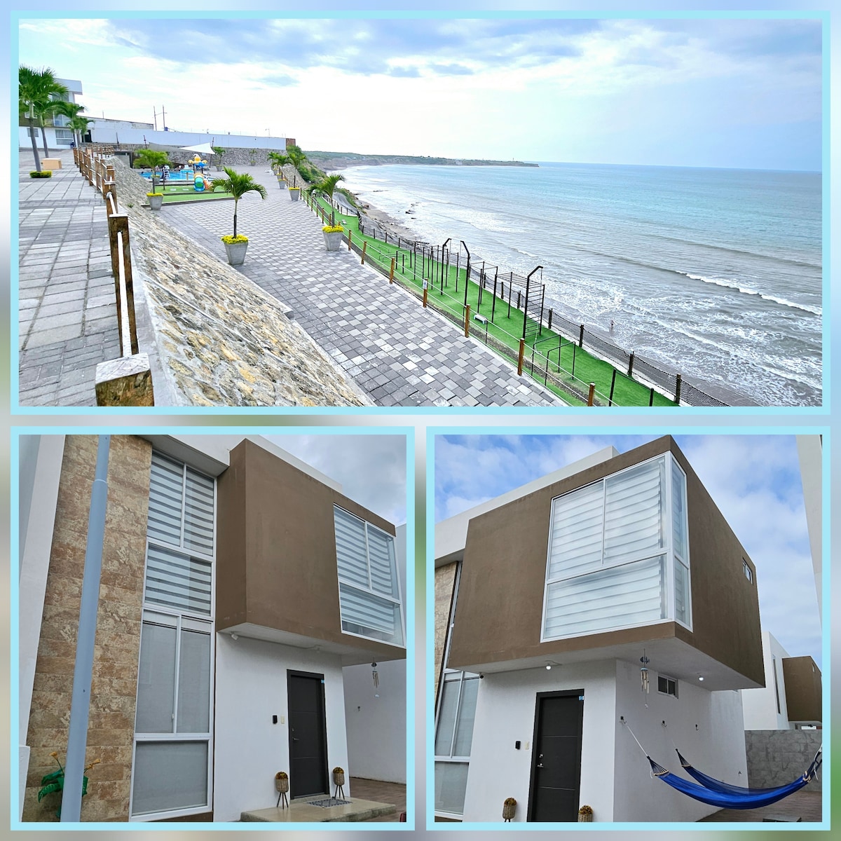 A modern two-story house is shown from different angles, featuring large windows that allow for natural light. The exterior is designed with a combination of stone and smooth surfaces. The surrounding area includes a pathway leading to the beach, with green spaces and a playground visible in the distance.