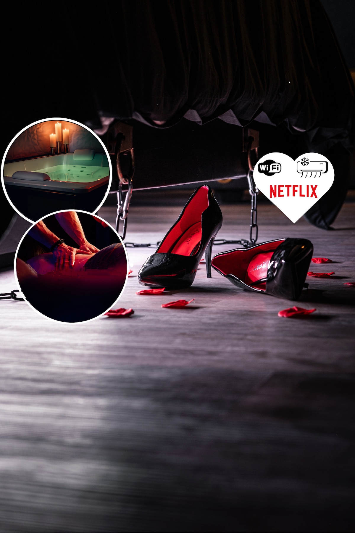 A sleek pair of black high-heeled shoes is placed next to scattered rose petals on a wooden floor. In the background, a softly lit bathtub hints at relaxation, while flickering candles add a touch of ambiance. Elements suggest a romantic and intimate setting.