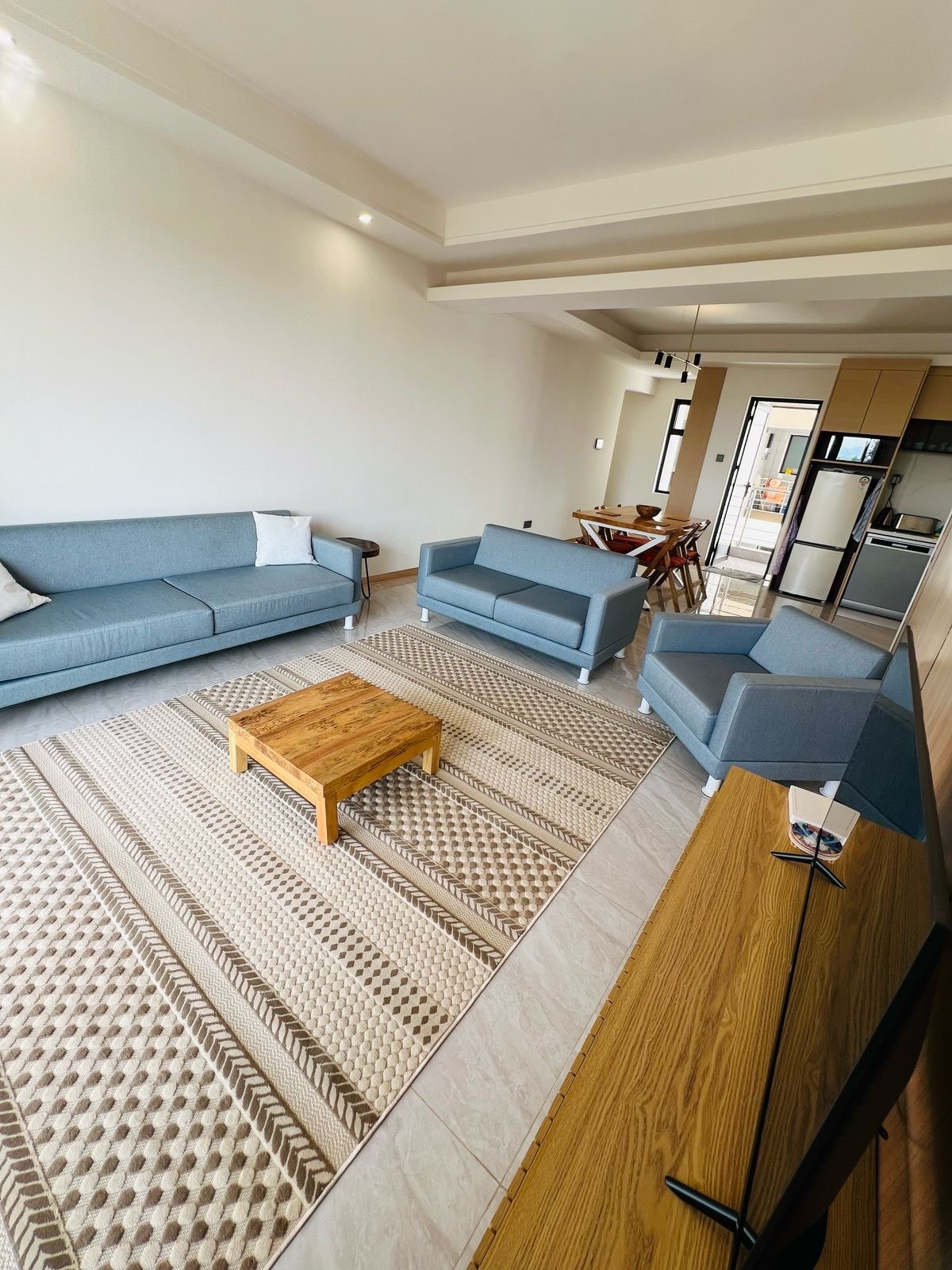 A spacious living area is furnished with two light blue armchairs and a gray sofa, accompanied by a low wooden coffee table. A textured area rug covers the floor, while a television is positioned on an oak console. Natural light fills the space, enhancing its openness.