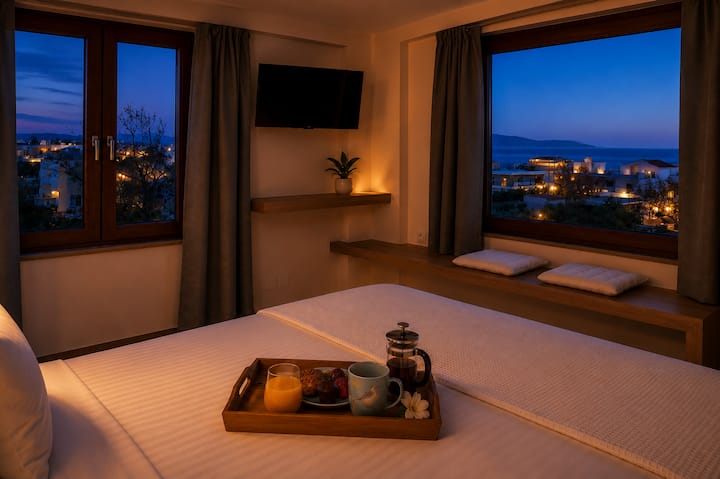 Villa 2 - Second floor - Master Bedroom 6 with queen bed, ensuite bathroom with jacuzzi bath and panoramic views