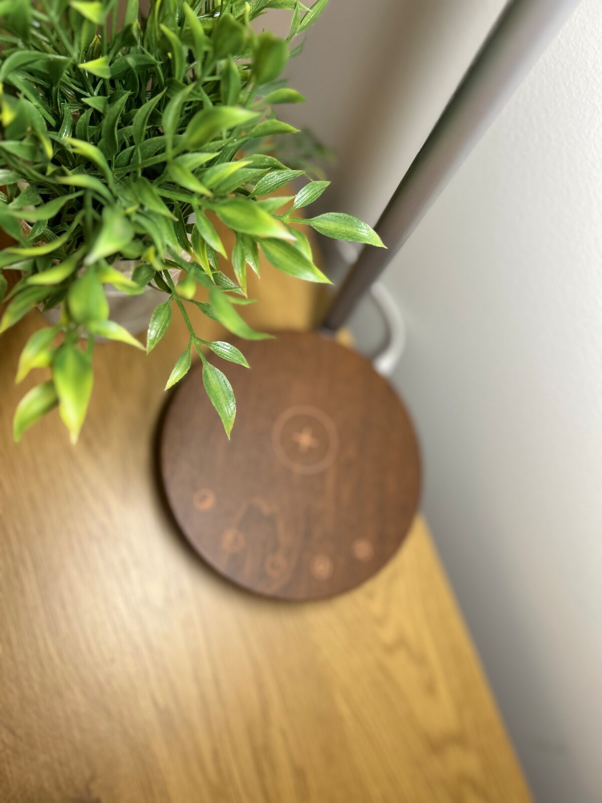 A wooden lamp base with a circular design sits atop a light oak surface. A small potted plant with vibrant green leaves is positioned nearby, adding a natural element to the scene. The background is a neutral-colored wall, providing a simple, clean aesthetic.