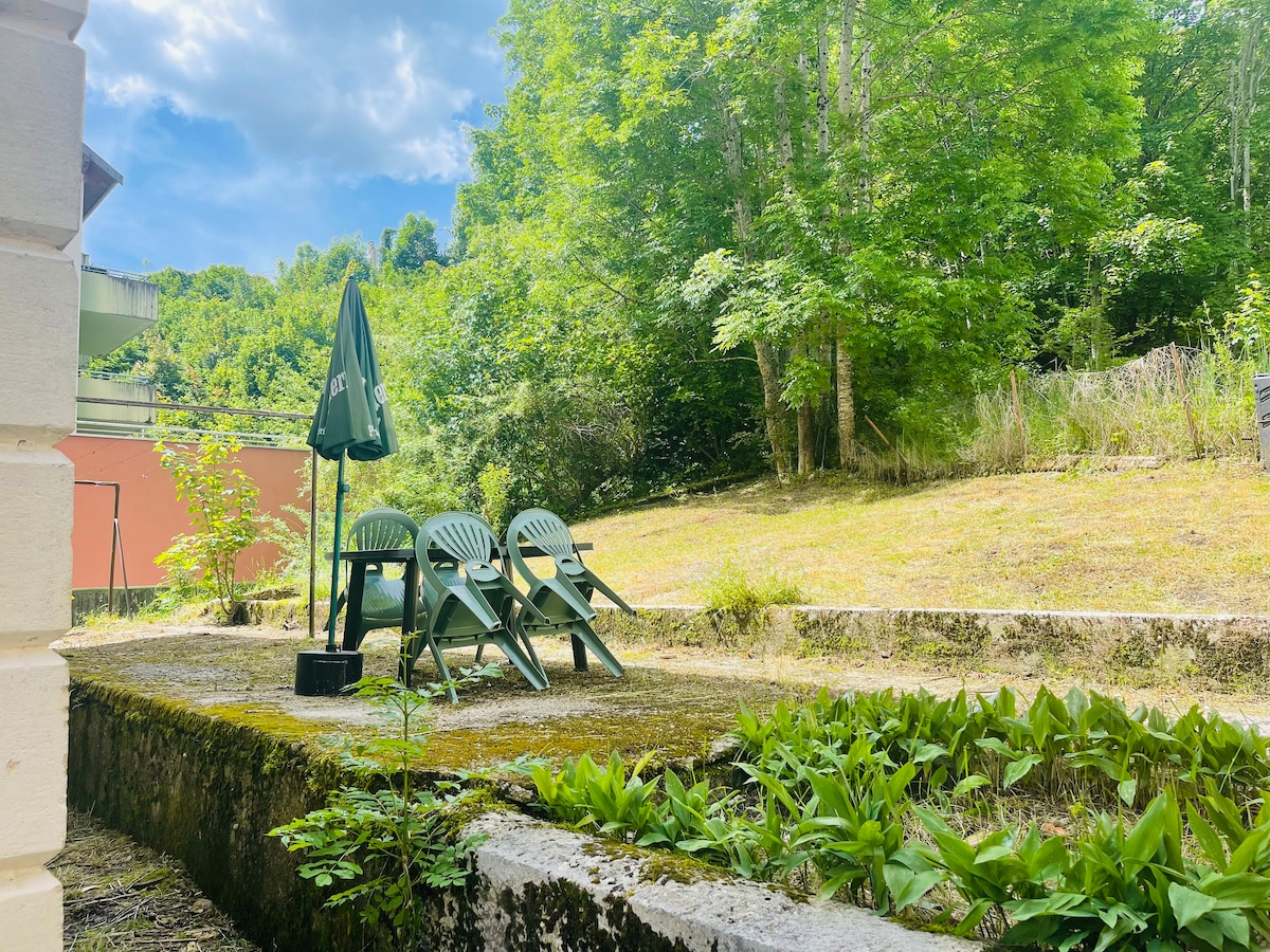 A serene outdoor area is shown, featuring several green lounge chairs arranged near a small table. A large umbrella provides shade, while lush greenery and trees border the space, creating a natural and peaceful setting.
