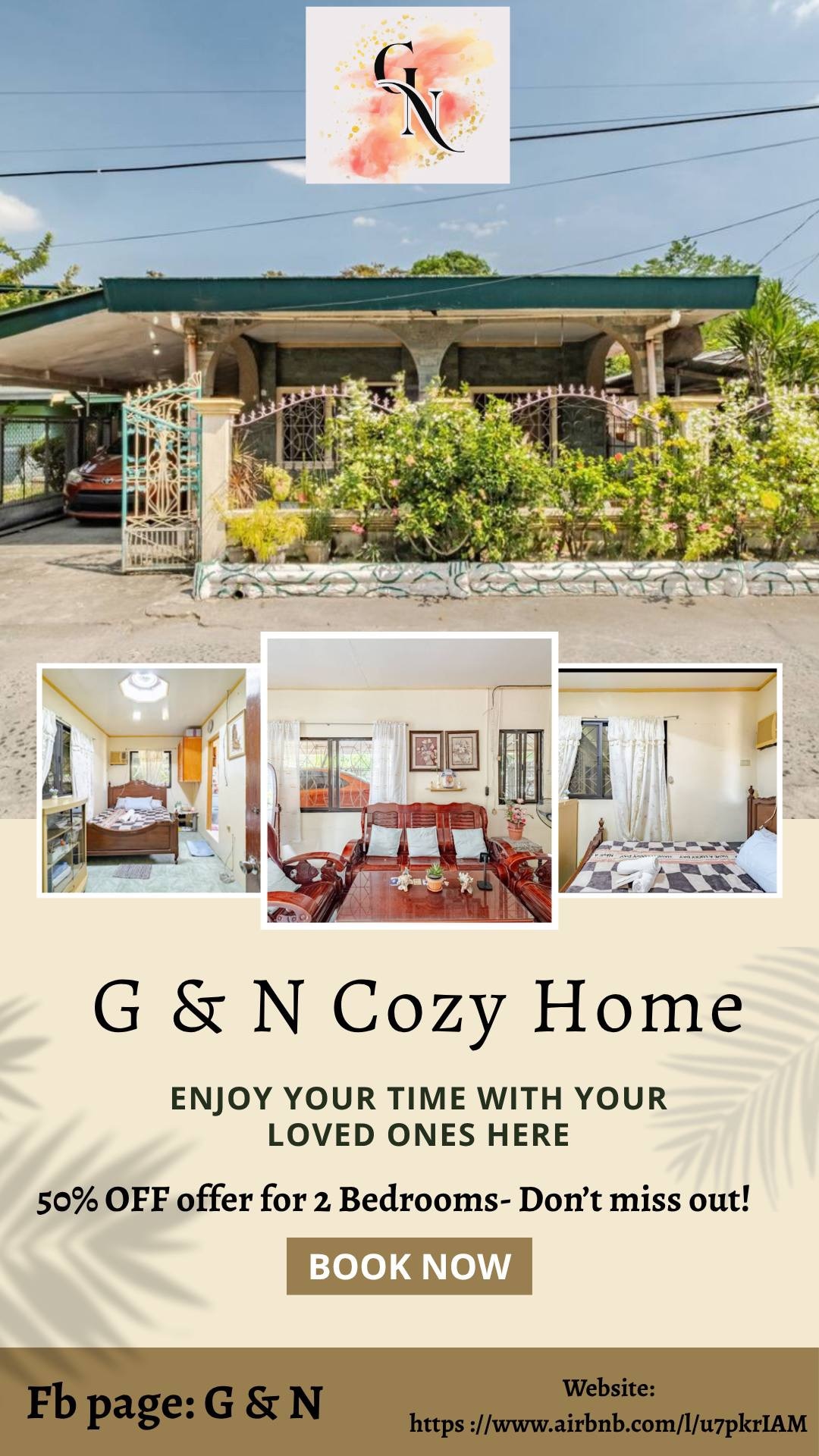 The exterior of a cozy full house rental is displayed, featuring a covered front porch and a landscaped entrance. The structure includes large windows and a textured stone wall, providing a welcoming facade surrounded by greenery.