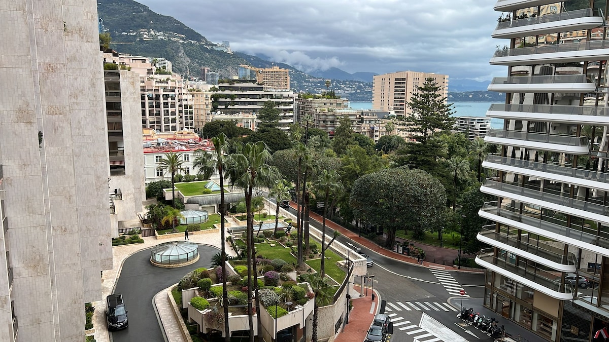 A view from a balcony showcases lush green landscaping, featuring palm trees and neatly arranged garden beds. The surrounding architecture includes modern buildings, with a glimpse of the coastline visible in the distance under a slightly cloudy sky.