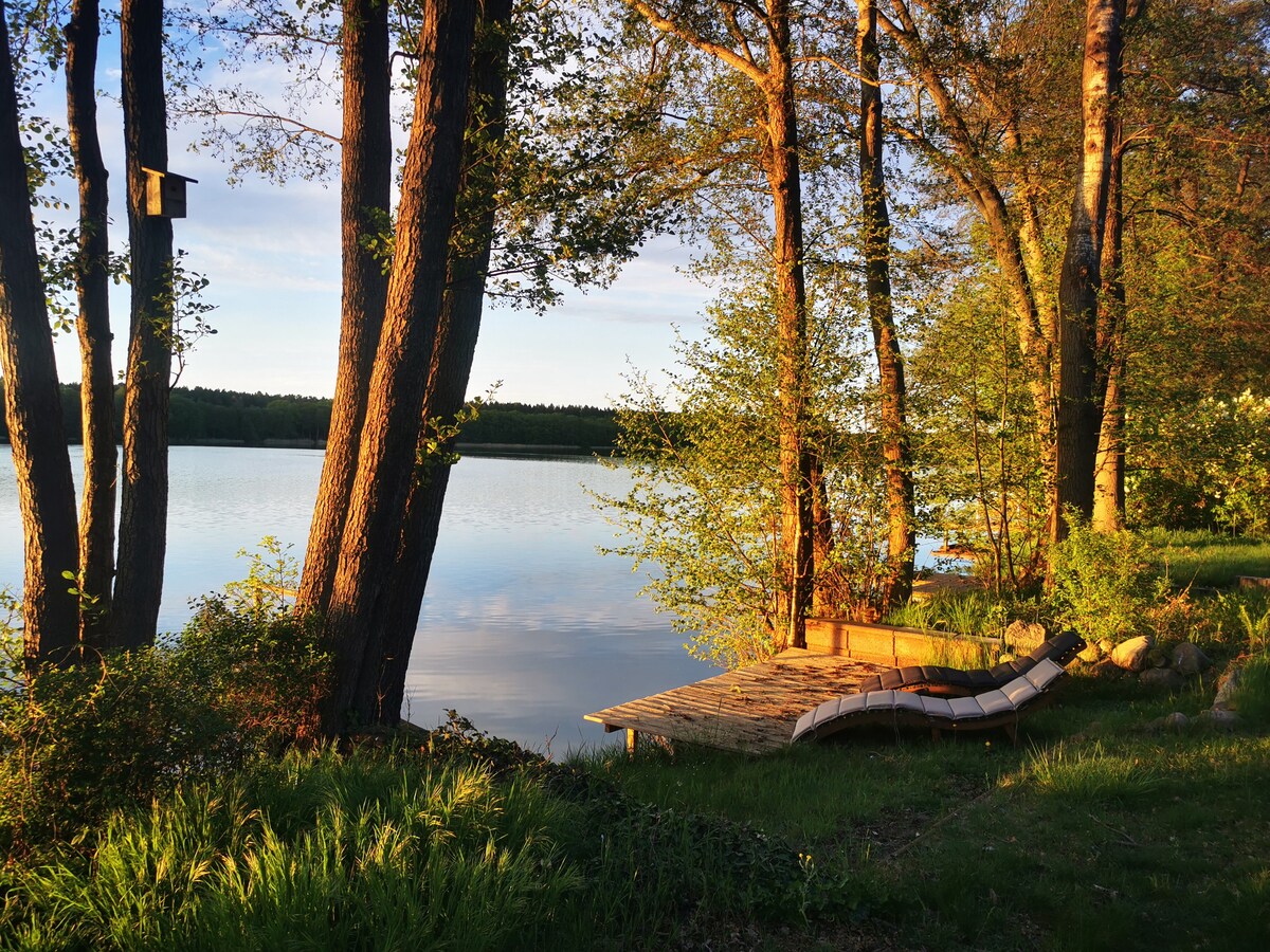 A serene lakeside scene features a wooden dock shaded by tall trees. Gentle ripples are visible on the water's surface, and lush greenery surrounds the area, creating a calm and inviting environment. A lounge chair rests on the dock, ideal for relaxation.