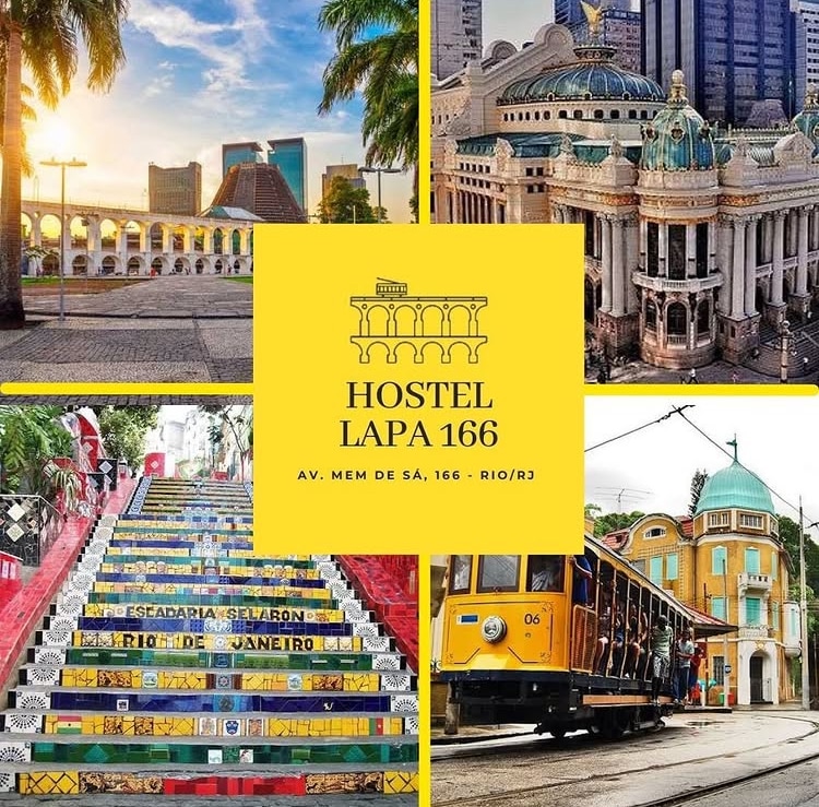 A collage showcases the vibrant surroundings of the hostel, featuring iconic landmarks such as the Selarón Steps with colorful tiles, the ornate Theatro Municipal, modern skyscrapers in the background, and the charming architecture of the Santa Teresa neighborhood.