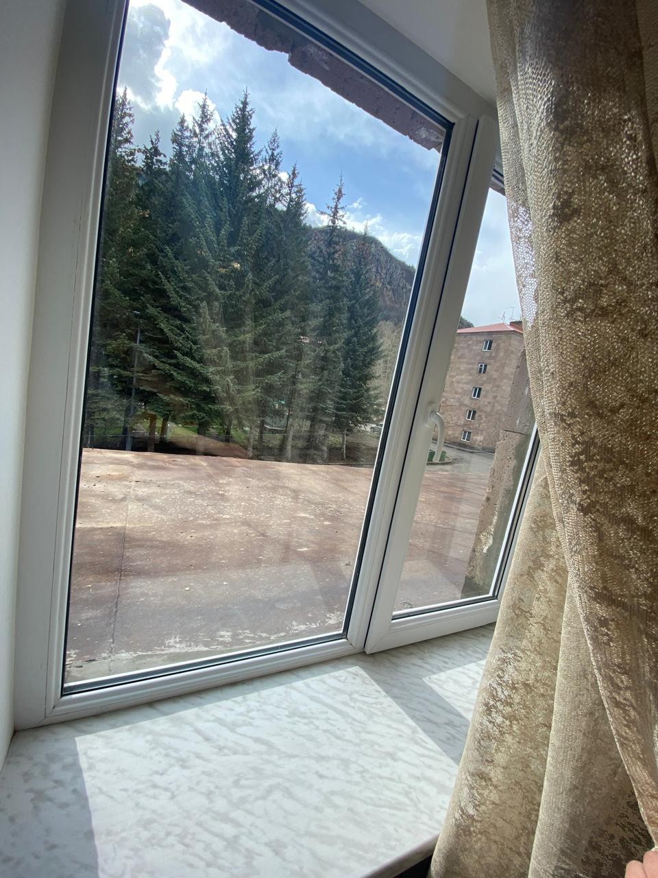 A large window allows natural light to fill the room, featuring a view of tall evergreen trees outside. The glass is framed by elegant curtains, while a smooth, light-colored window sill provides additional texture.