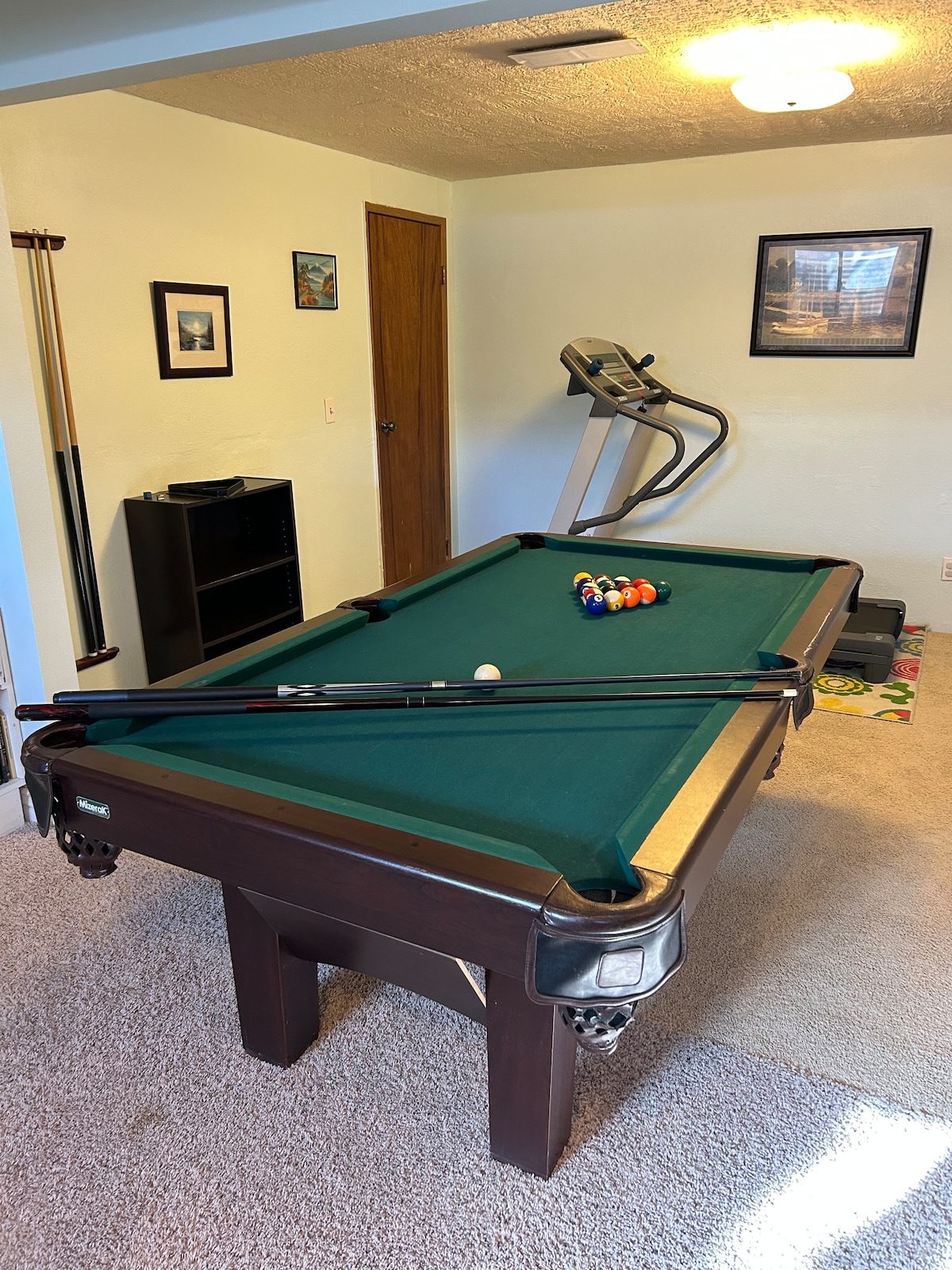 A game room features a billiard table with a green felt surface, equipped with cues and a set of colorful balls arranged for play. An exercise machine stands nearby, with framed artwork and a shelf in the background, adding to the room's recreational atmosphere.