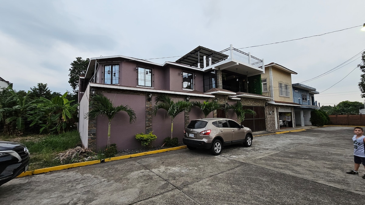 A multi-story house is displayed with a blend of modern and traditional architectural features. Palm trees are lined along the front, adding greenery to the exterior. A spacious parking area is visible in the foreground, providing ample room for vehicles.