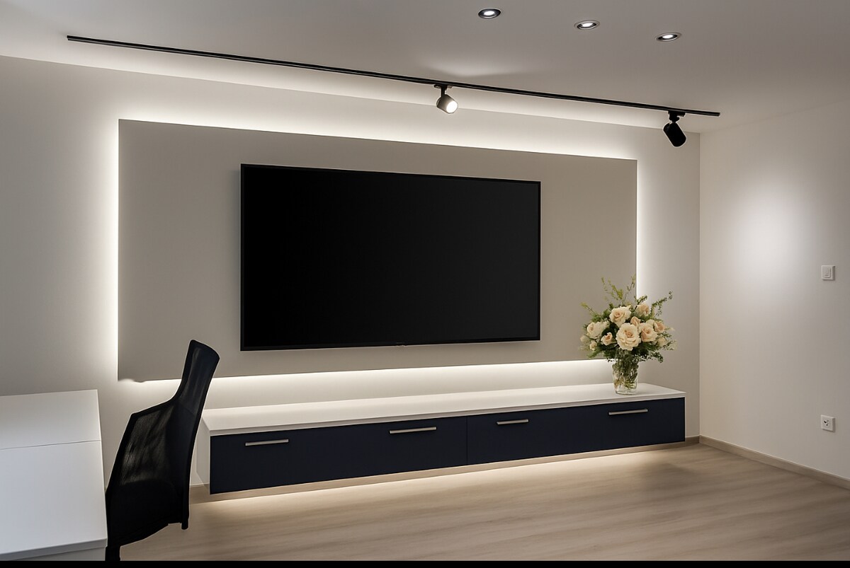 A modern living area features a large wall-mounted television above a sleek low cabinet. Soft, ambient lighting highlights the space, creating a calming atmosphere. A stylish bouquet of flowers is arranged on the cabinet, complemented by a simple desk and an ergonomic chair nearby.