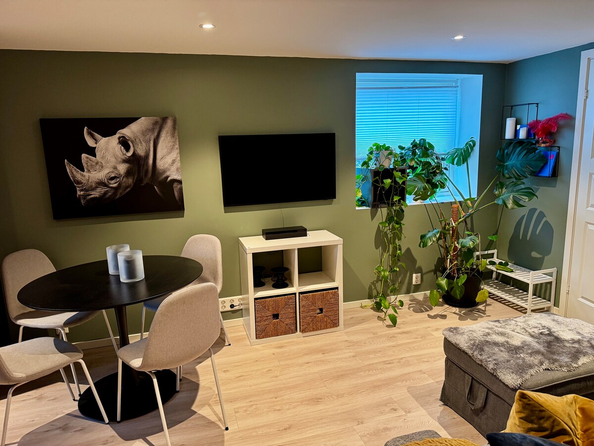 The living area features a round dining table surrounded by four chairs. A large artwork of a rhinoceros adorns the wall, and a flat-screen TV rests on a white console. A window allows natural light, while potted plants add greenery to the space.