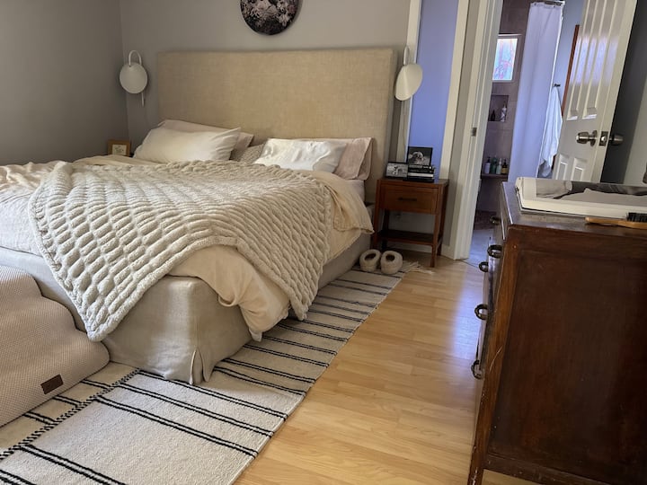 Master bedroom with organic latex mattress, organic bedding and nice wood furniture. Pet stairs will be removed!