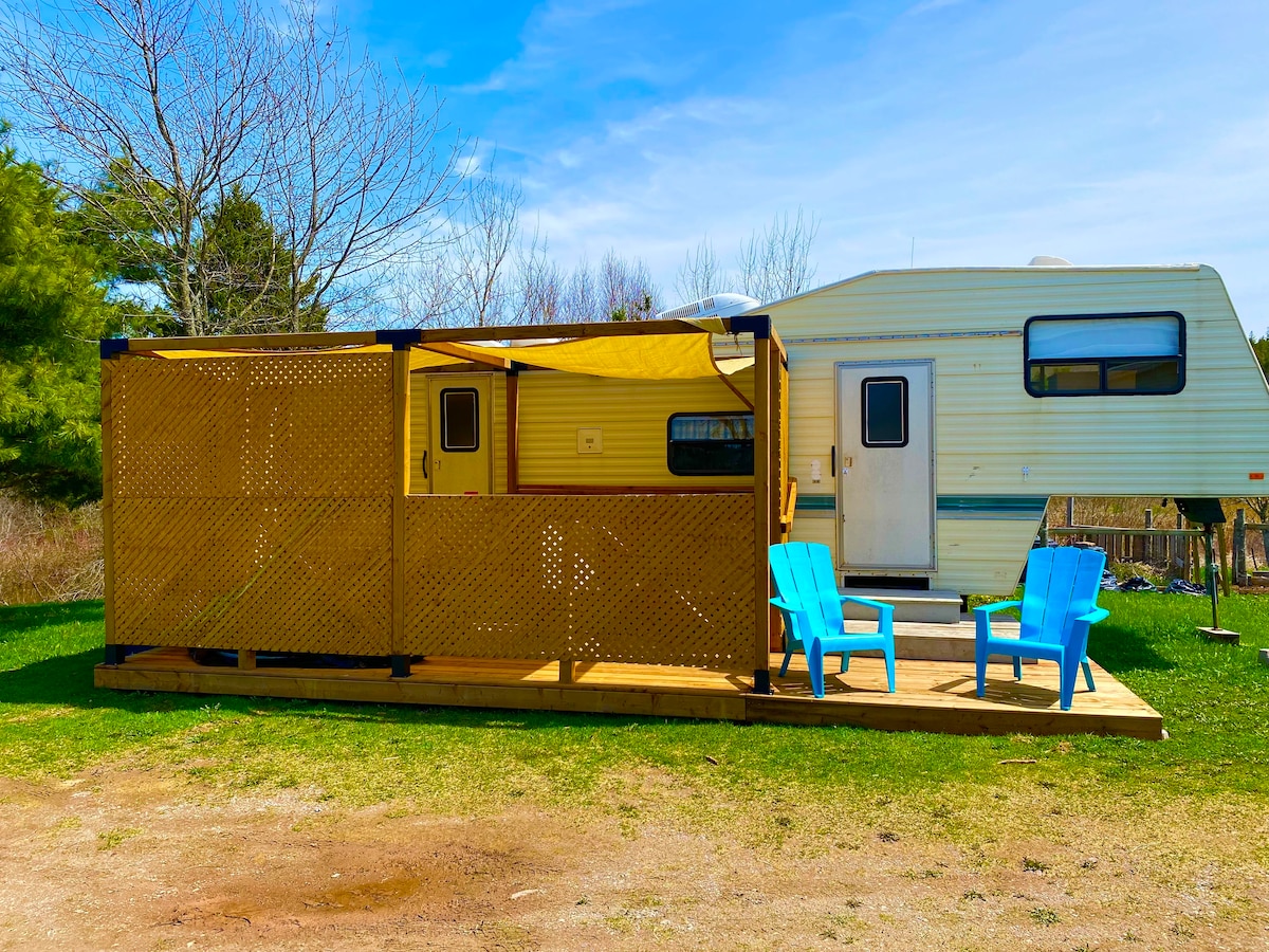 A camper is positioned on a grassy area, featuring a wooden deck with two blue chairs. A privacy screen is partially visible, providing a secluded outdoor space. Surrounding trees and an open sky are in the background, contributing to a calm environment.