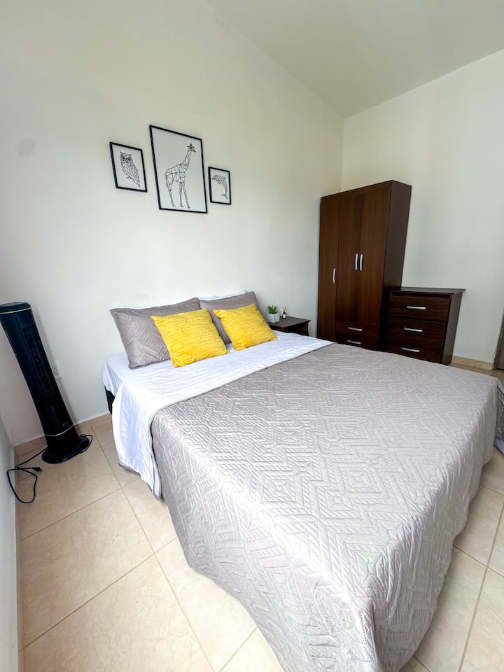 Удобна и светла соба со двоен кревет, вентилатор, плакар, фиока и модерна декорација. Идеално за одмор по работен ден или туризам. Свежа, чиста и стилска средина.