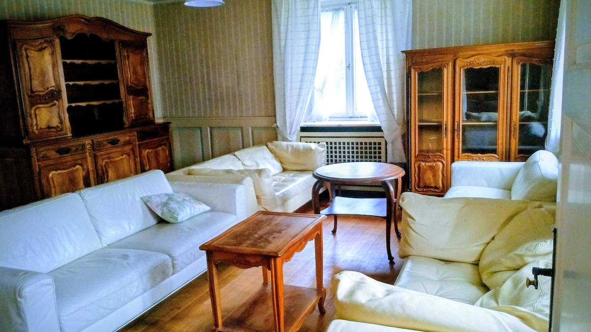 Salon avec cheminée du gîte de groupe