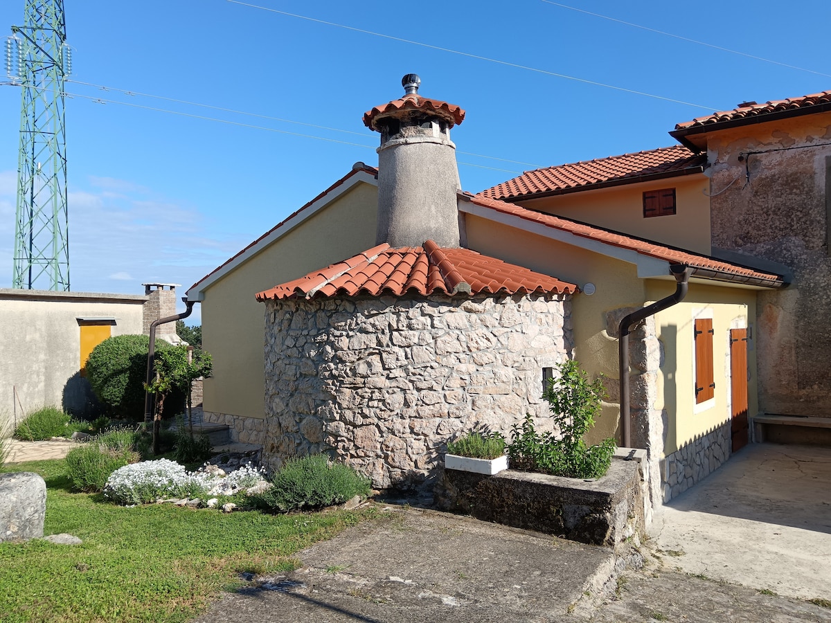 A rustic vacation home is depicted with a textured stone exterior and a terracotta-tiled roof. Surrounding greenery enhances the outdoor space, while the building showcases traditional architecture. The clear blue sky is visible above, contributing to the serene countryside atmosphere.