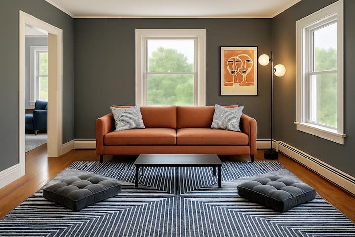 Chumba hiki cha familia kinachovutia kimeundwa kwa ajili ya umoja, kikiwa na mito ya sakafuni kwa ajili ya usiku wa michezo na rangi za kisasa na za joto ambazo zinaweka mazingira ya jioni yenye starehe. Televisheni kubwa (haijaonyeshwa kwenye picha) inafanya iwe bora kwa ajili ya kutazama filamu nyingi na kupumzika siku ya mvua.