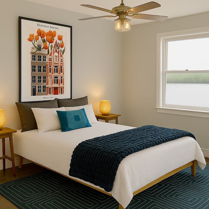 Chumba hiki cha kulala chenye utulivu kina kitanda cha ukubwa wa kifalme, matandiko laini ya safu na mwonekano mzuri wa ziwa nje ya dirisha. Kabati la zamani na kabati kubwa la kuweka nguo lenye viango vingi hukamilisha sehemu hii ya kuvutia iliyotengenezwa kwa ajili ya kupumzika na kustarehe.