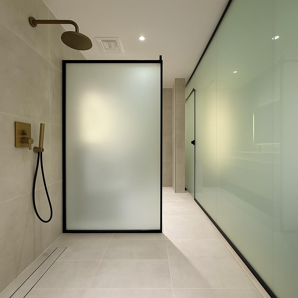 A modern shower area is enclosed with frosted glass panels, allowing for privacy. Neutral tile flooring complements the sleek design. A rain showerhead is mounted on the wall, and a minimalist faucet is visible, adding functionality to the space.