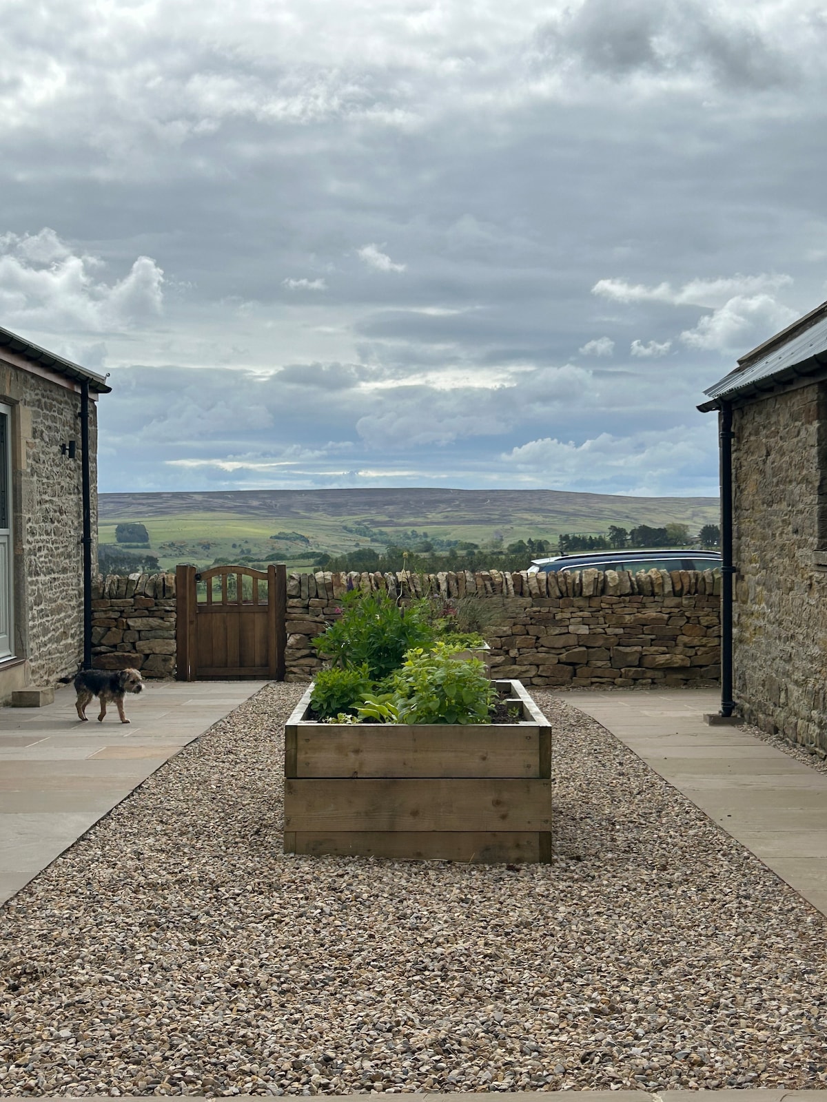 An outdoor courtyard features a wooden planter filled with green plants, surrounded by a pebbled area. Stone buildings frame the space, with a wooden gate leading to a picturesque view of rolling hills and a cloudy sky in the background.
