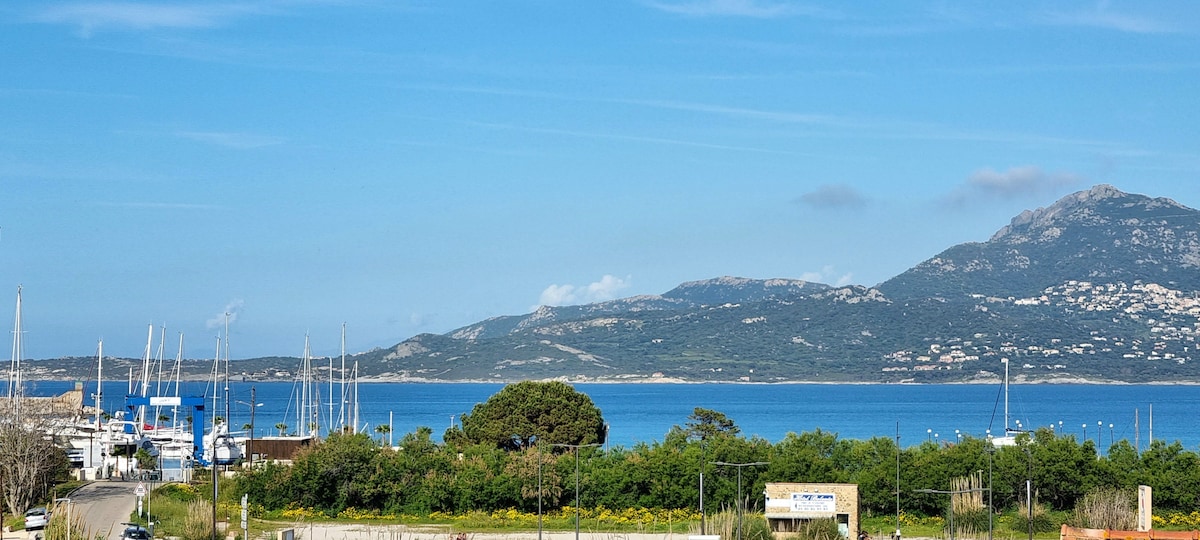A scenic view of the coastline is presented, featuring a calm sea lined with boats at a marina. Lush greenery and distant mountains are visible, while a clear blue sky adds to the tranquil atmosphere.