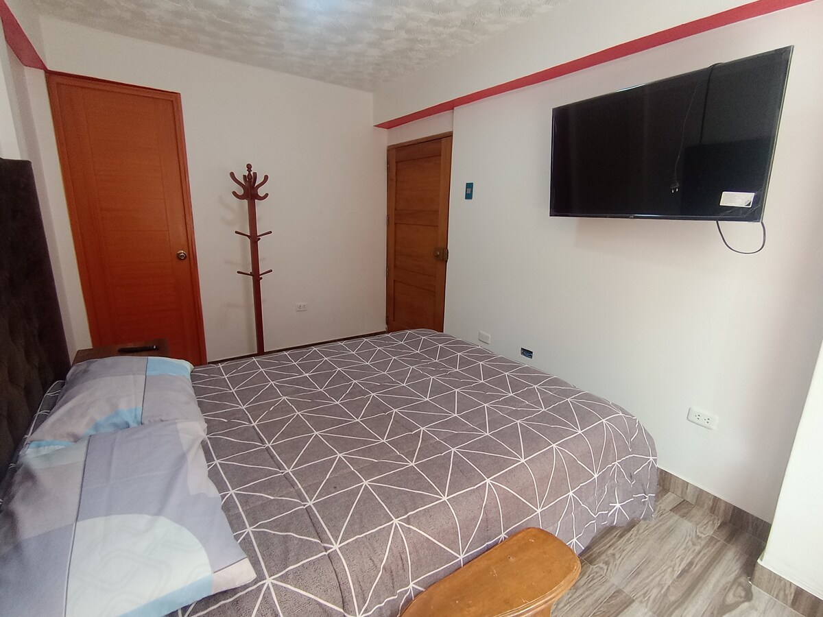A comfortable sleeping area features a spacious bed with a grey geometric-patterned cover. A flat-screen TV is mounted on the wall opposite the bed. Two wooden doors provide access to different areas, and a coat rack stands at one side.