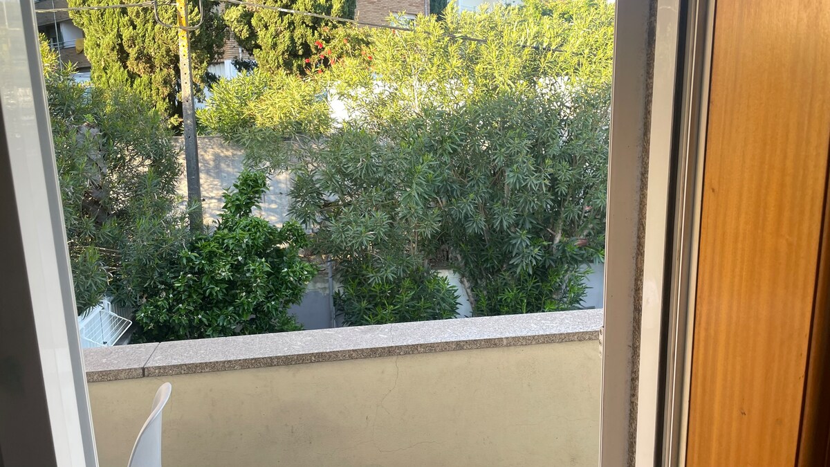 A view from a window showcases a balcony lined with greenery. Lush trees and plants are visible, softening the exterior landscape. The edge of the balcony railing is partially captured, while a glimpse of the street below is also seen.