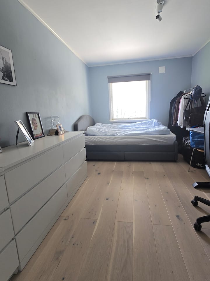 Ორადგილიანი საწოლი დაბლა, კომოდებით. Ფანჯარა მშვიდი ბაღისა და ტყის პირისპირ