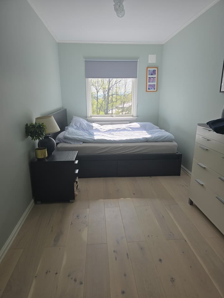 Ორადგილიანი საწოლი დაბლა, კომოდებით. Ფანჯარა მშვიდი ბაღისა და ტყის პირისპირ