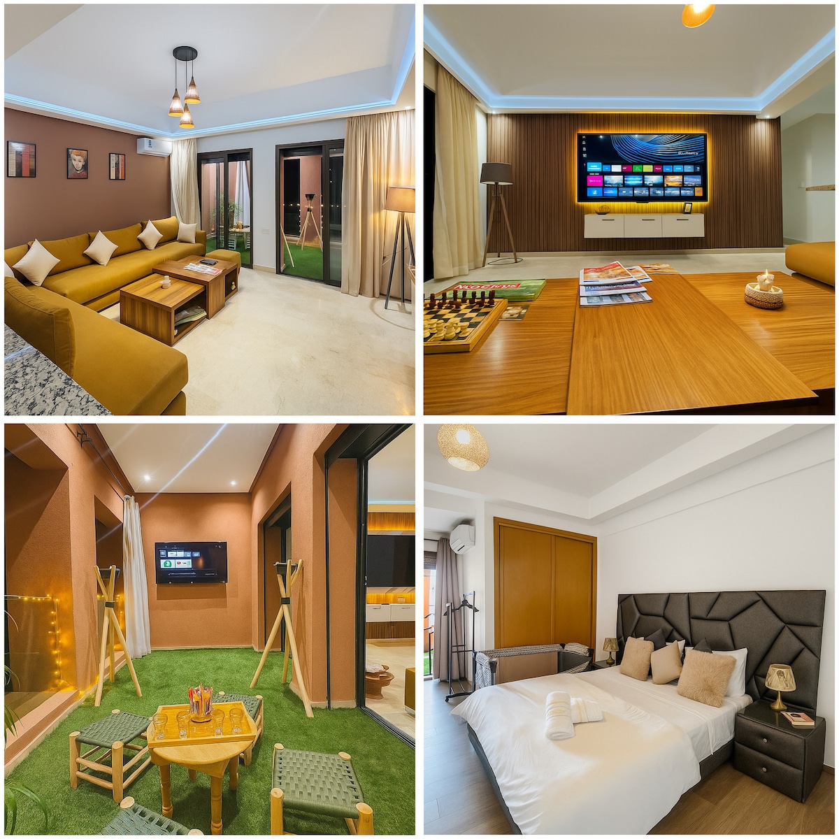 The living area features a spacious layout with a comfortable sofa, a wooden coffee table, and a wall-mounted TV displaying streaming options. Natural light filters in through large sliding doors, leading to a balcony. Decorative elements include soft furnishings and a touch of greenery.