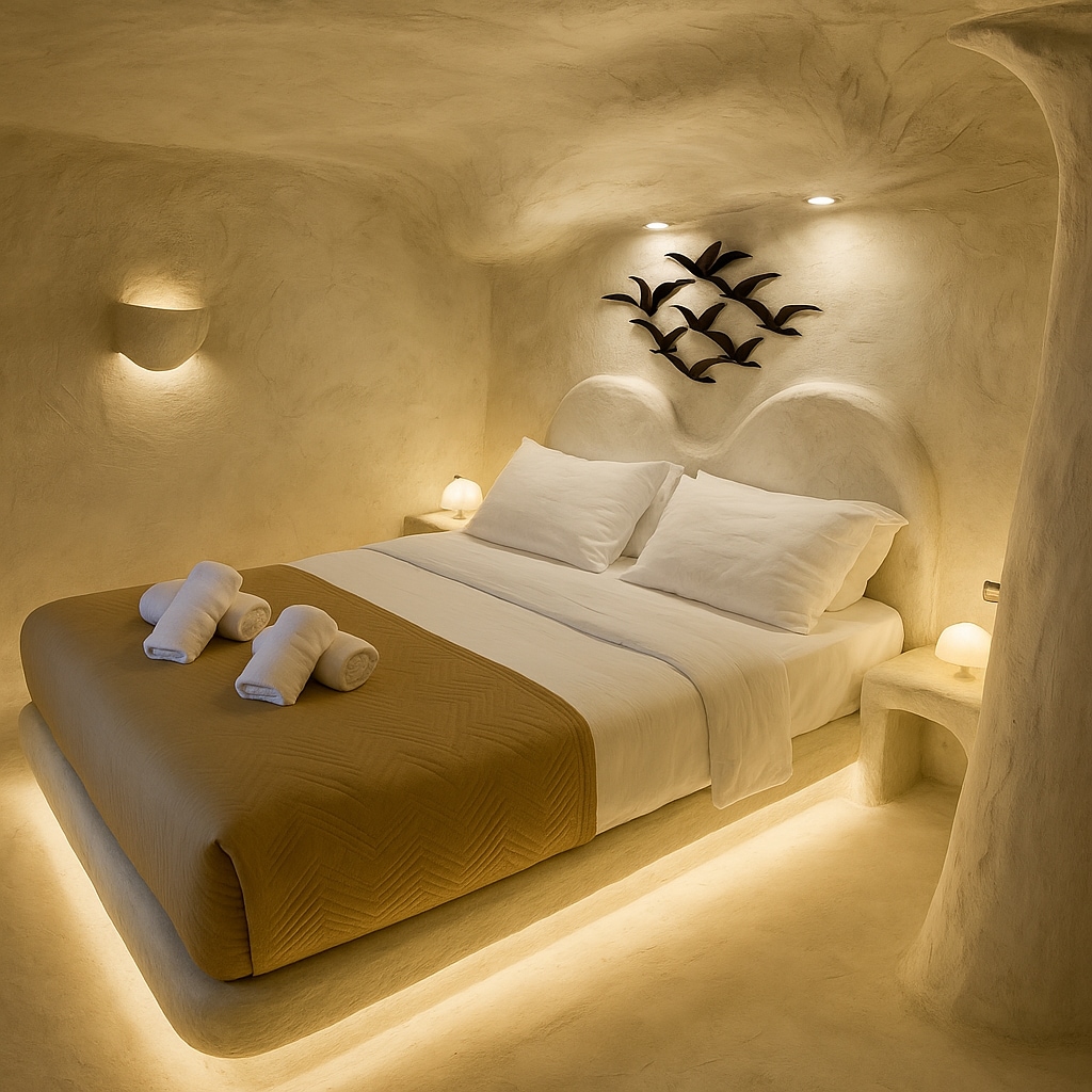 A cozy bedroom is outlined by smooth, neutral-toned walls, featuring a spacious bed adorned with white and beige linens. Soft lighting surrounds the bed, highlighting decorative wall art shaped like birds. Two rolled towels are neatly placed at the foot of the bed.