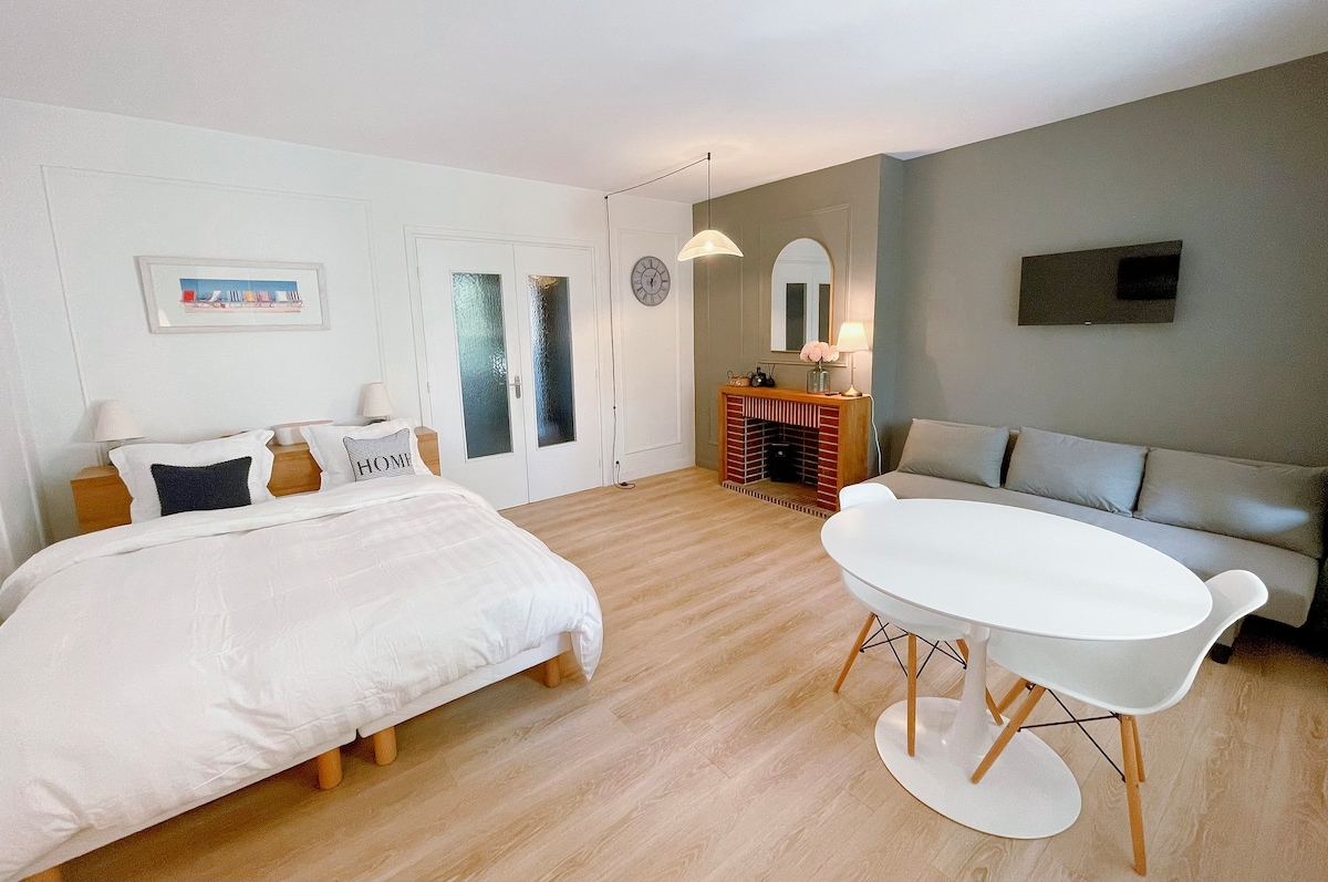 A well-lit studio space features a spacious bed with white linens and decorative pillows. A sleek, round table with modern chairs complements a cozy seating area with a sofa. A flat-screen TV is mounted on an accent wall, enhancing the comfortable atmosphere.