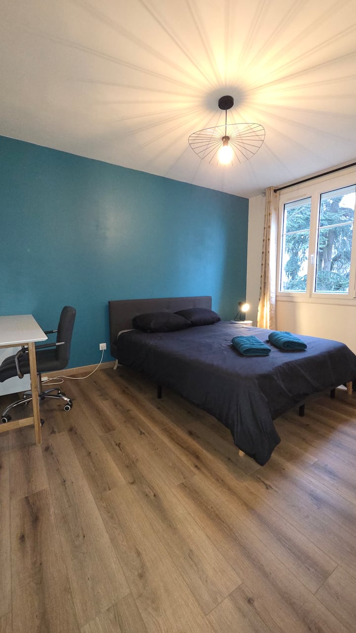 Chambre avec lit double confortable et coin bureau pratique.