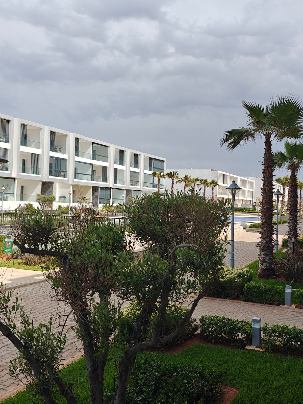 A view of the well-maintained pathway lined with manicured greenery and palm trees. Apartment buildings featuring large glass balconies are visible in the background, against a backdrop of cloudy skies.