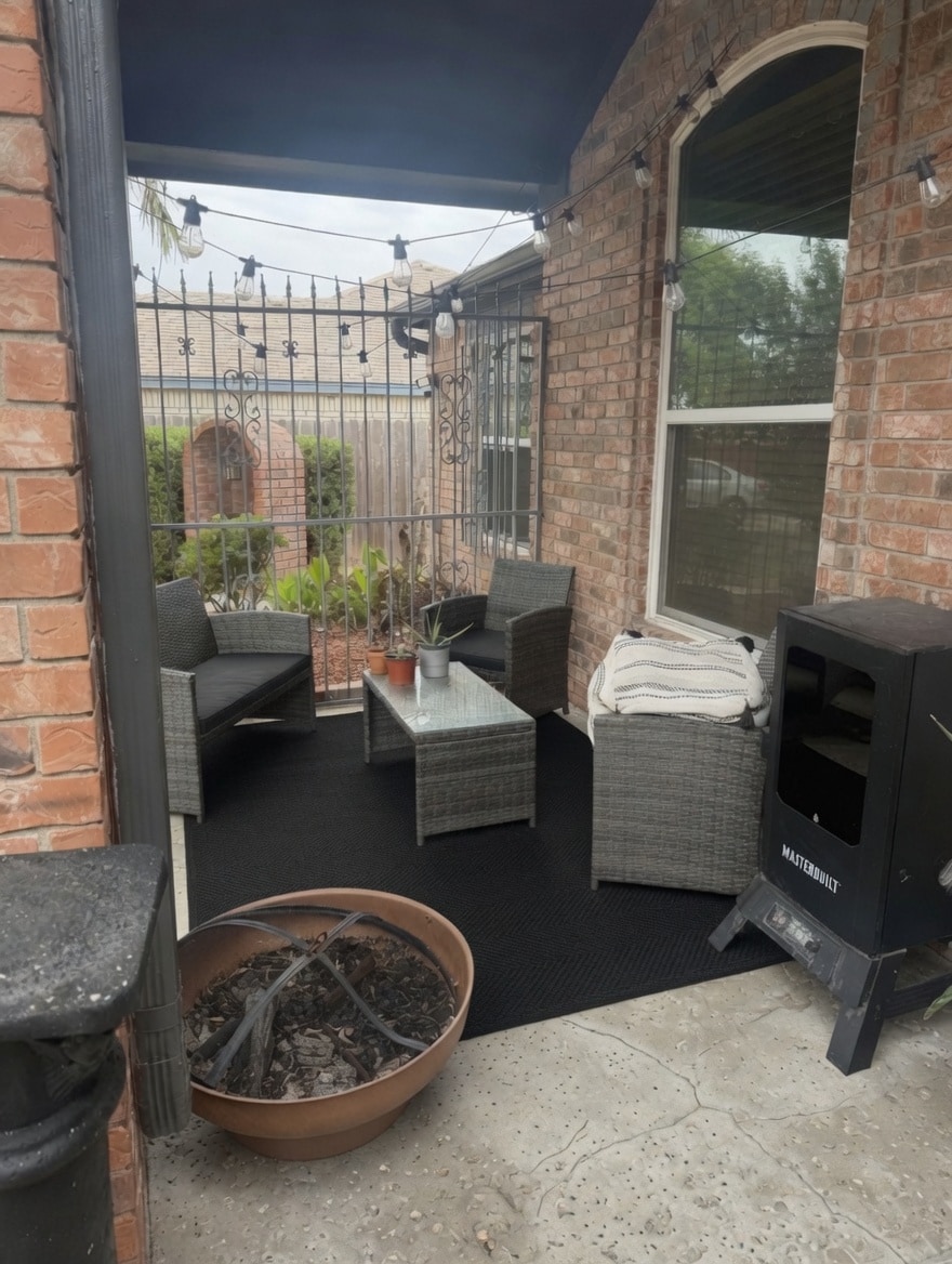 Covered backyard patio with café string lights, fire pit, BBQ grill, and lounge seating inside a private, fully fenced pet-friendly yard.