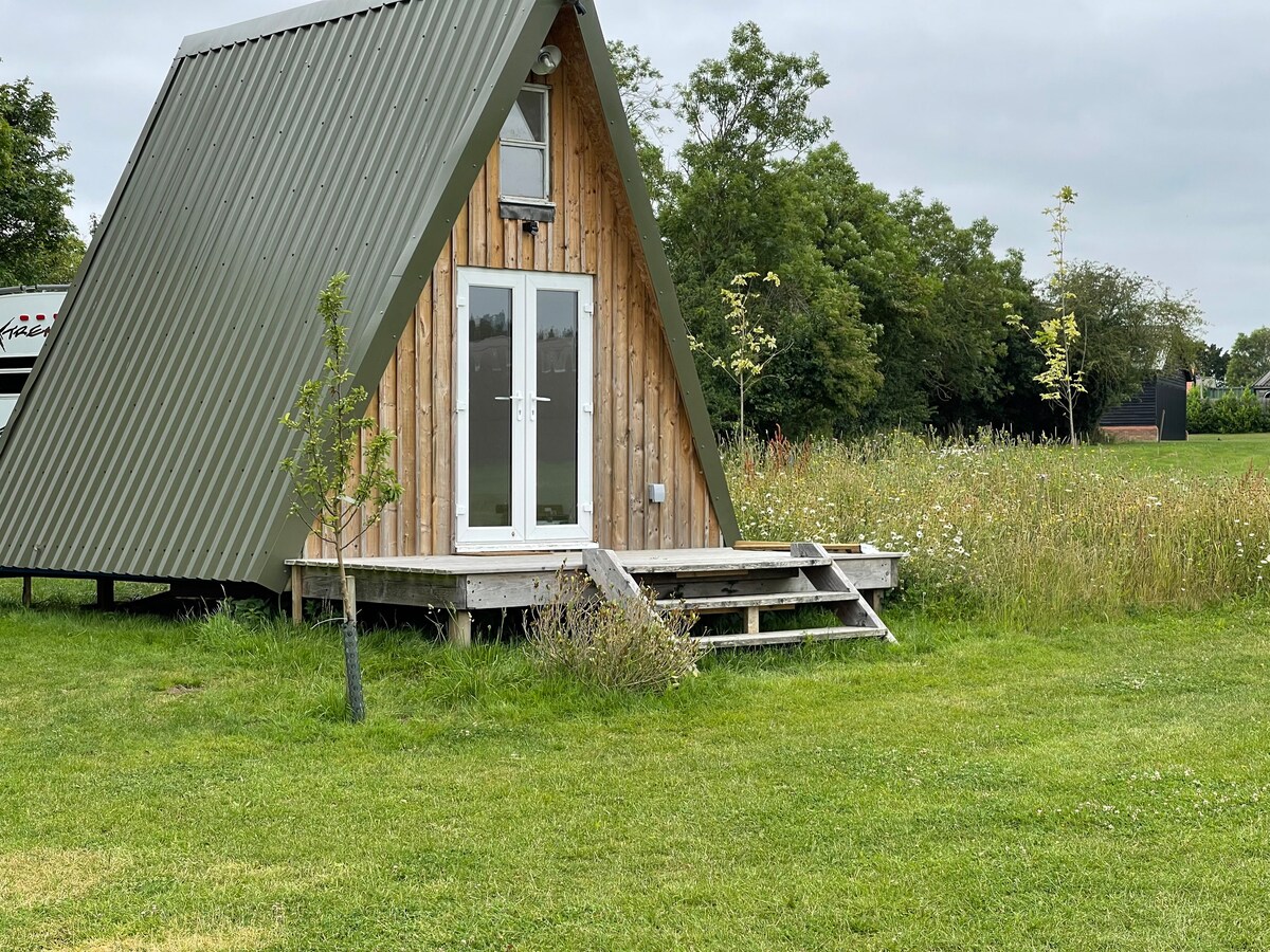 The A-frame structure, featuring a unique angled roof, is set against a meadow backdrop. A wooden deck and steps lead to the front entrance, with greenery surrounding the sides. Tall grass and a few small trees are present, enhancing the natural ambiance of the setting.