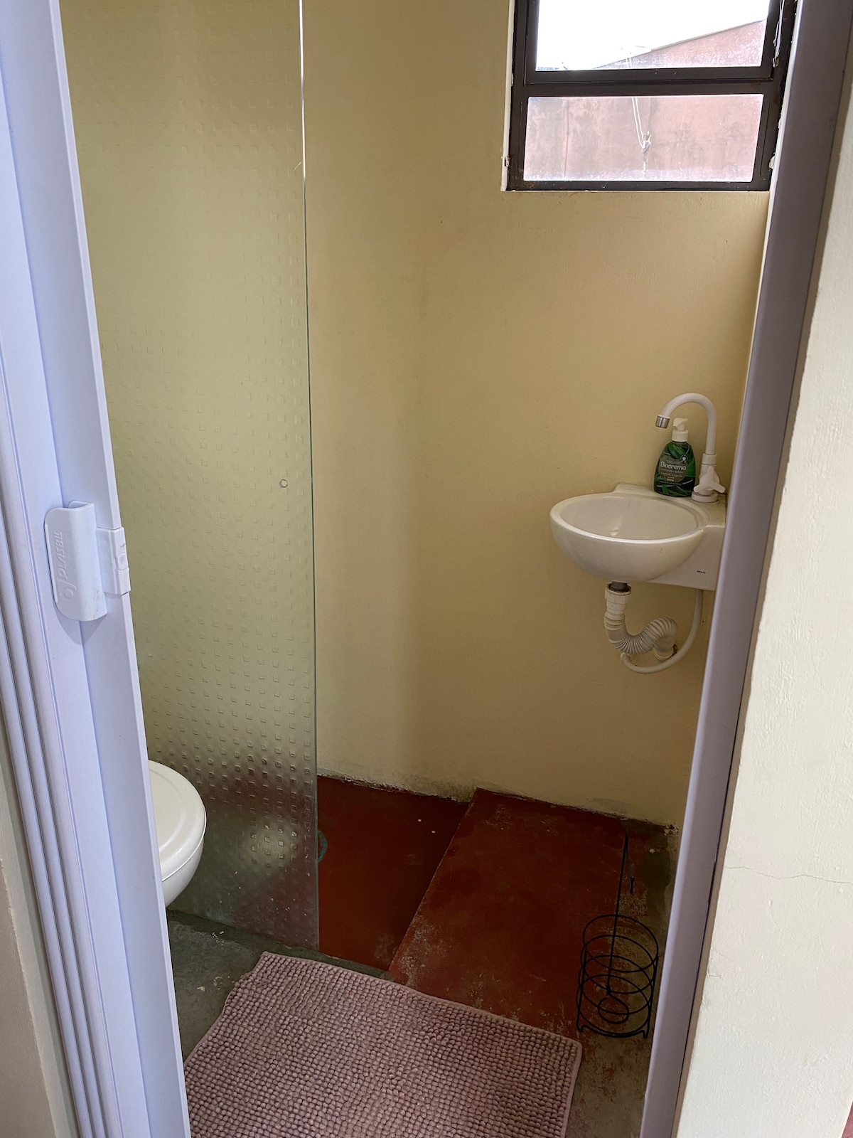 A small bathroom is visible, featuring a glass-enclosed shower and a compact sink mounted on the wall. A toilet is positioned adjacent to the sink. Natural light enters through a small window, illuminating the pale yellow walls and simple flooring.