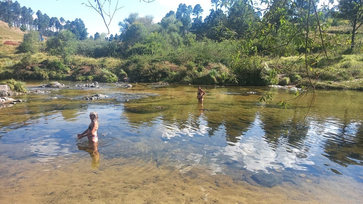 A serene river scene features two individuals wading in clear water surrounded by lush greenery. Smooth stones are visible beneath the water's surface, while the reflections of clouds and trees create a calm atmosphere.