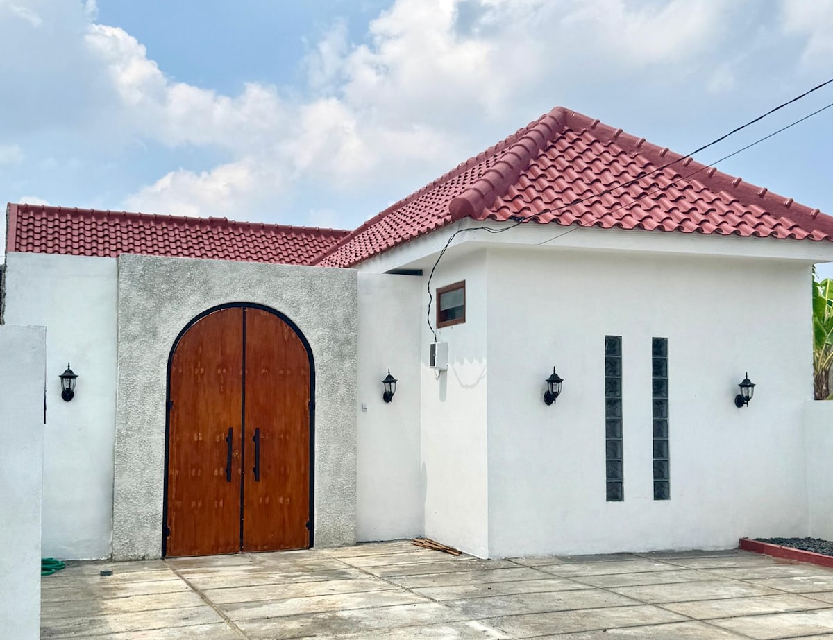 The exterior of the villa features a distinctive large wooden door with ornate hardware, framed by smooth, white walls. Two elegant sconces are mounted on either side of the entrance, complemented by decorative glass block windows. The textured roof is finished in vibrant red tiles.