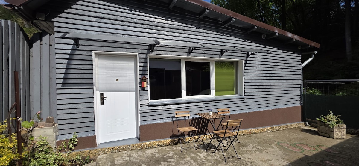 An exterior view of the property is shown, featuring a wooden structure with horizontal grey panels. A white door is centered in the image, flanked by a wide window. A small patio area displays two folding chairs and a table, surrounded by greenery.