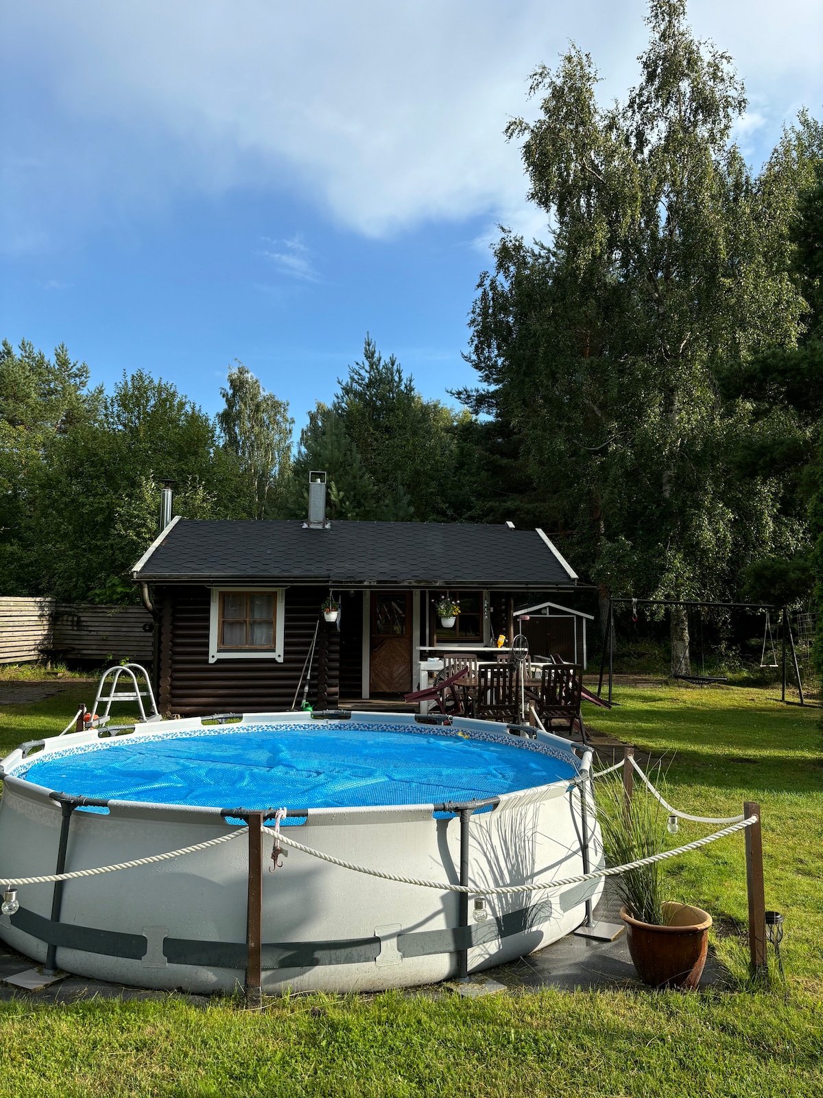 A swimming pool is situated in the foreground, surrounded by a grassy area. In the background, a well-maintained cabin features a dark wood exterior, with a porch accessible by steps. Tall trees provide shade, adding to the natural setting.