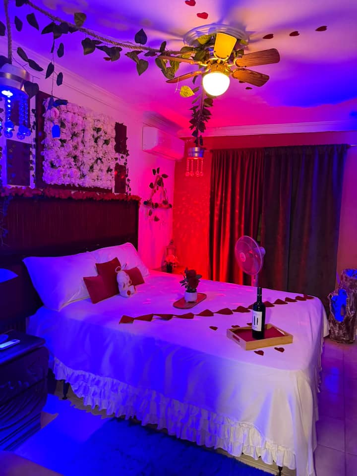 Because every moment deserves to become a special moment, this place is decorated with warm blue and violet lights, flowers, TV, music, dark curtains and a special toast so that every detail fills your stay with love and tranquility.