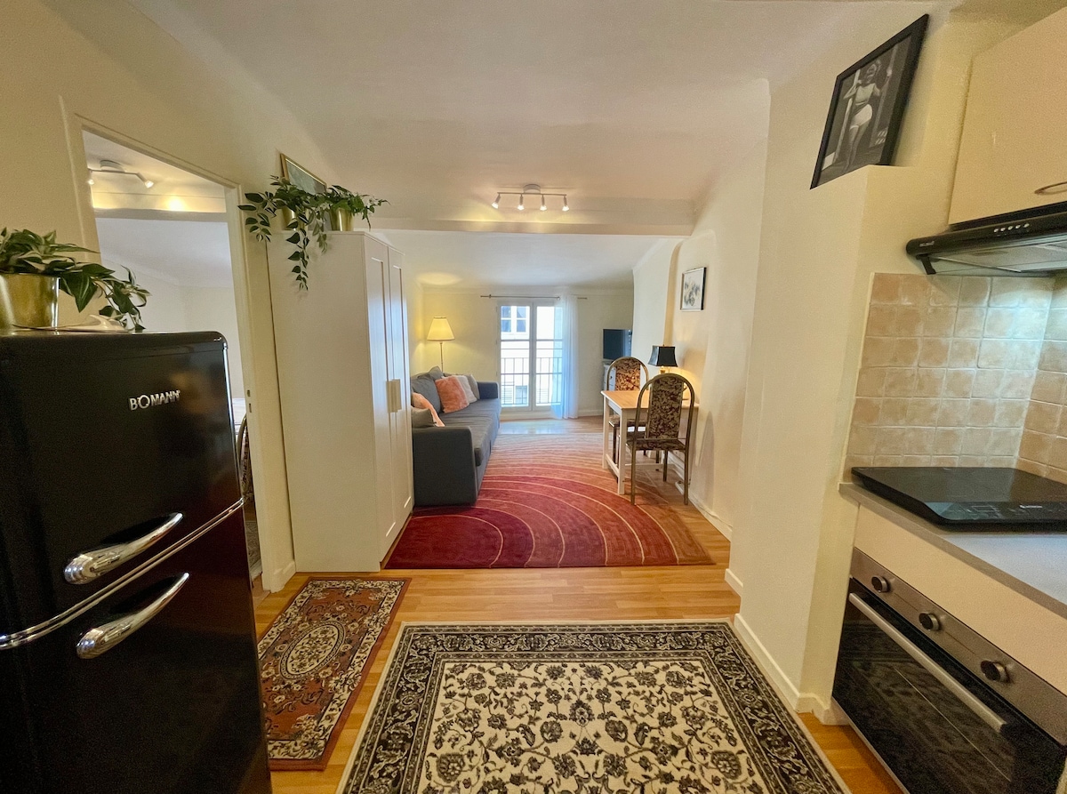 A bright and welcoming living space is depicted, featuring a cozy seating area with a sofa, a dining table with chairs, and kitchen appliances. Natural light fills the room through a window, and warm wooden flooring complements the patterned area rug.